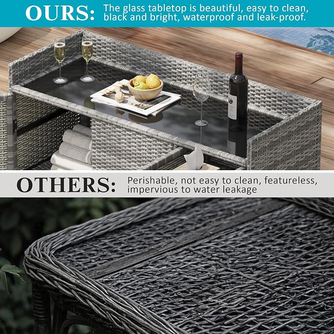 47.5" W Wicker Outdoor Storage Cabinet with Tempered Glass Desktop, Adjustable Shelf, Drawer, and Three Doors – Weather-Proof Rattan Bar Table for Outdoor Cushions and Pool Toys