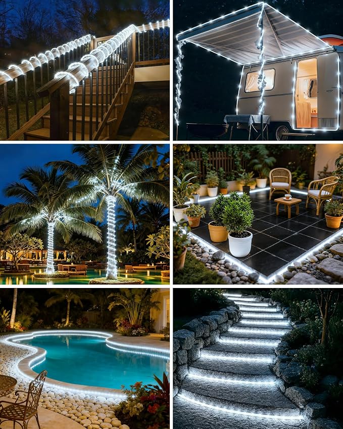 btfarm Solar Rope Lights, 120LED 46FT Solar String Lights Outdoor Waterproof, 8 Lighting Modes Solar Powered Strip Trampoline Light for Outside Garden Tree Christmas Yard Patio Decor, Cool White
