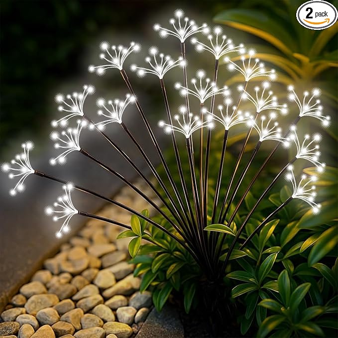 Solar Garden Lights 2 Pack Waterproof Solar Swaying Starburst Light Outdoor Lights for Yard Patio Walkway Pathway Party Wedding Christmas Decoration, White