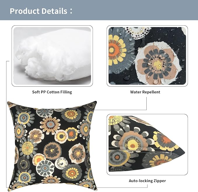Outdoor Pillows for Patio Furniture 20x20 inch, Square Outdoor Throw Pillows with Inserts, Decorative Patio Pillows for Garden Couch Home Sofa Office Chair, Pack of 2,Black Yellow Crosby