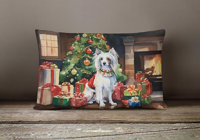 Caroline's Treasures DAC2632PW1216 Chinese Crested Cozy Christmas Throw Pillow Machine Washable, Indoor Outdoor Decorative Pillow for Couch, Bed or Patio, 12HX16W