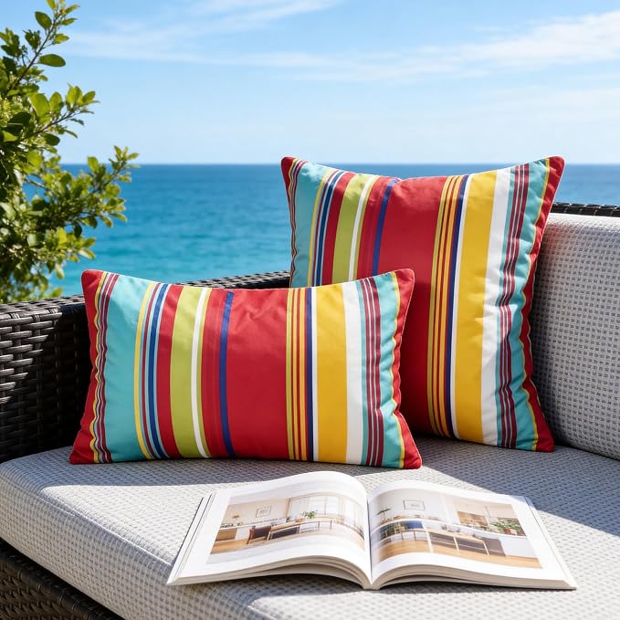 Waterproof Outdoor Pillow Covers 12x20 Inch Set of 2, Orange and Red Stripe Decorative Colorful Throw Pillow Cover, Modern Farmhouse Cushion Cases for Patio Garden Porch Balcony Couch Sofa