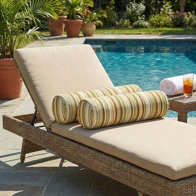 RSH DECOR: Sunbrella Neck Roll Pillows Set of 2 | 24” x 8” | Outdoor Bolster for Patio, Deck, Porch, or Poolside Chairs | Fade & Water-Resistant | Made in USA (Samuel Meadows)