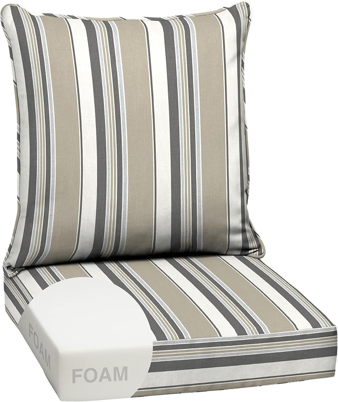 Arden Outdoor Deep Seat Cushion Set, Foam, 24x24, Taupe Grey Stripe | earthFIBER, Sofa, Couch, Conversation Set, Premium High-Density Foam, Never Flattens, Mold and Mildew Resistant