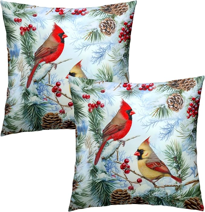 Winter Red Birds Pillow Covers 18x18 Set of 2, Vintage Holly Berry Bird Pine Tree Branch Christmas Throw Pillowcases Square Cushion Cover for Living Room Couch Sofa Decor