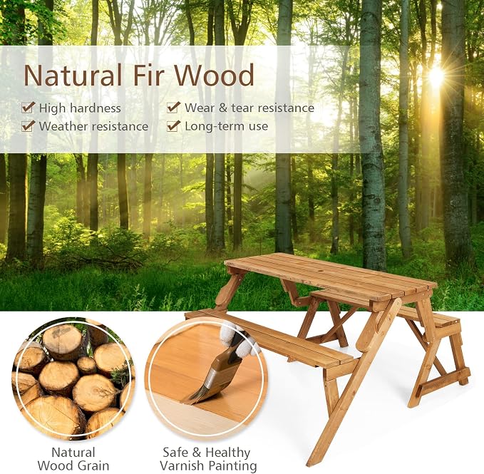 GYMAX Picnic Table, 2 in 1 Convertible Picnic Bench Table Set, Transforming Interchangeable Wooden Picnic Table with Umbrella Hole, Collapsible Outdoor Patio Dining Table Garden Bench