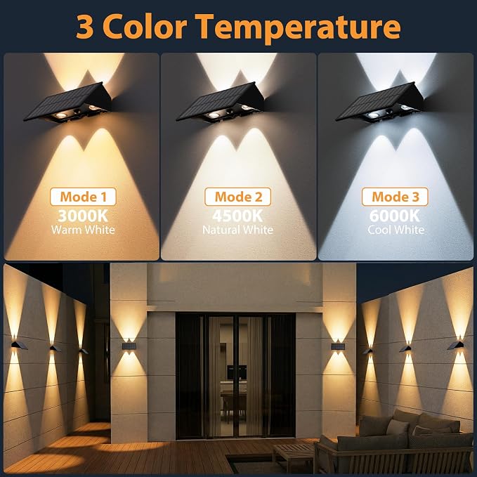 16PACK Solar Sconce Lights Outdoor,3000/4000/6000K 3 Modes Up and Down Solar Wall Lights Dusk to Dawn Lighting IP65 Waterproof Solars Lights Outdoor for Exterior Front Porch Garage Fence Patio Yard