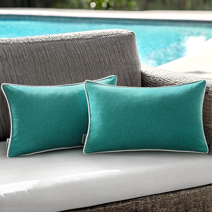 ANRODUO Set of 2 Outdoor Waterproof Pillow Covers 12x20 Inch Turquoise Decorative Throw Pillow Covers Linen Lumbar Solid Color Couch Pillow Covers for Patio Tent Bed Sofa and Living Room Summer Decor