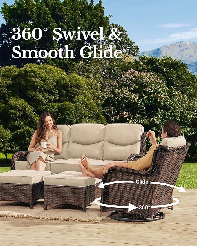 HILLGA Luxury High Back Patio Furniture Set with 6-Inch Thick Cushion, 8-Piece Outdoor Conversation Set with Sofa, Swivel Rocker Chairs & Ottomans, Ideal for Porch Pool Deck Yard (Beige)