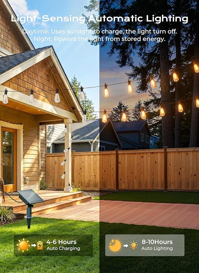 Brightown 52FT Solar String Lights Outdoor Waterproof with Remote, 15+1 LED Shatterproof Bulbs, Dimmable & Timable, 3 Light Modes - Commercial Grade Patio Lights for Garden Backyard Party Decor