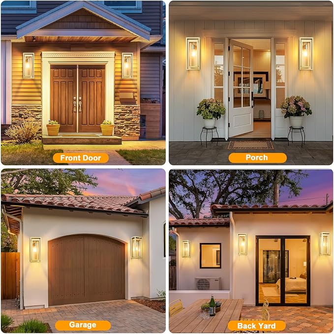 15" Large Gold Outdoor Light Fixture Wall Mount, Waterproof Outdoor Sconces, Modern Wall Lights with Clear Glass Shade for Front Door, Porch, Garage, 1 Pack