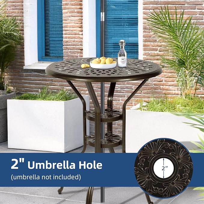 Outdoor Cast Aluminum Bar Table, 31" Patio Bar Height Table with 2" Umbrella Hole, All Weather High Top Bistro Round Dining Table for Outside Deck Porch Balcony Poolside, Dark Bronze
