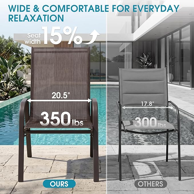 24.4" Wide Outdoor Stackable Chairs Set of 4, Stacking Patio Chairs with Textilene Fabric, Outside Furniture for Garden Backyard Balconie Poolside Deck, Brown