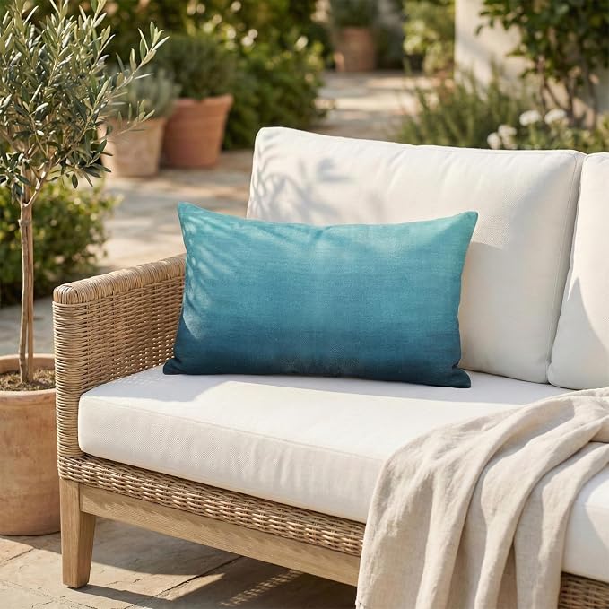 Fab Habitat Indoor/Outdoor Lumbar Pillow Made from Recycled Polyester Yarn - Double Sided, Stain Resistant, Machine Washable - Ombre - Patio, Deck, Porch, Living Room - Big Sur Teal (14" x 24")