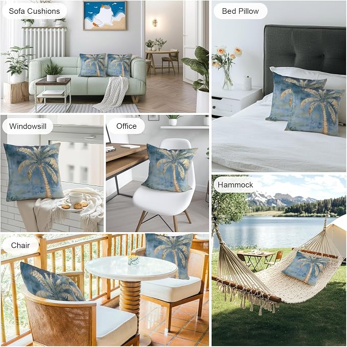 Coastal Beach Tree Blue Brown Outdoor Waterproof Pillow Covers, Vintage Summer Palm Tree Decorative Square Throw Pillowcase, Tropical Botanical Sofa Cushion Sham for Patio/Couch/Chair, 26"x26" 2 Pack