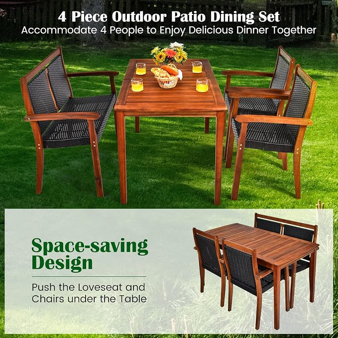 HAPPYGRILL 4 Piece Patio Dining Set Outdoor PE Rattan Space-Saving Dining Table Set with Umbrella Hole, Patio Armchairs and Acacia Wood Table Set for Garden Backyard Poolside