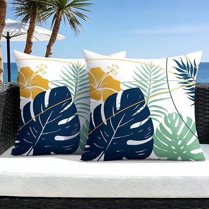 OTOSTAR Outdoor Waterproof Throw Pillow Covers 20x20 Inch Set of 2 Double-Sided Dark Blue Yellow Tropical Leaf and Flower Spring Summer Decorative Pillow Cases for Patio Funiture Garden Balcony Couch