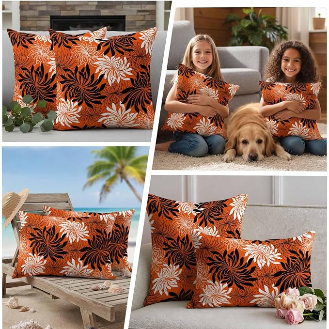 Yukro Orange Black Floral Outdoor Waterproof Pillow Covers Pack of 2, Vintage White Black Flower Orange Decorative Throw Pillowcases Cushion Covers for Garden Patio Tent Sofa Couch, 26x26 inch
