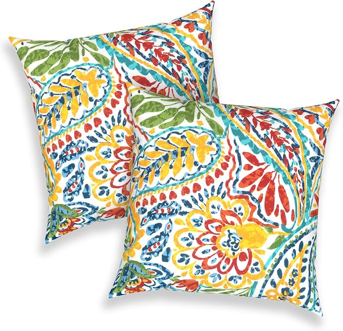 Outdoor Throw Pillows 16x16 Inch, Water Repellent Patio Pillows with Inners Set of 2 for Patio Furniture Home Garden, Paisley Multi