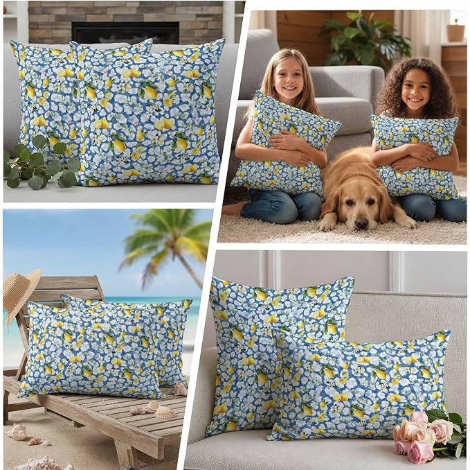 Yukro Summer Lemon Outdoor Waterproof Pillow Covers Pack of 2, Yellow Fruit White Flowers Country Plant Blue Throw Pillowcases Decorative Cushion Covers for Garden Patio Tent Sofa Couch, 24x24 inch