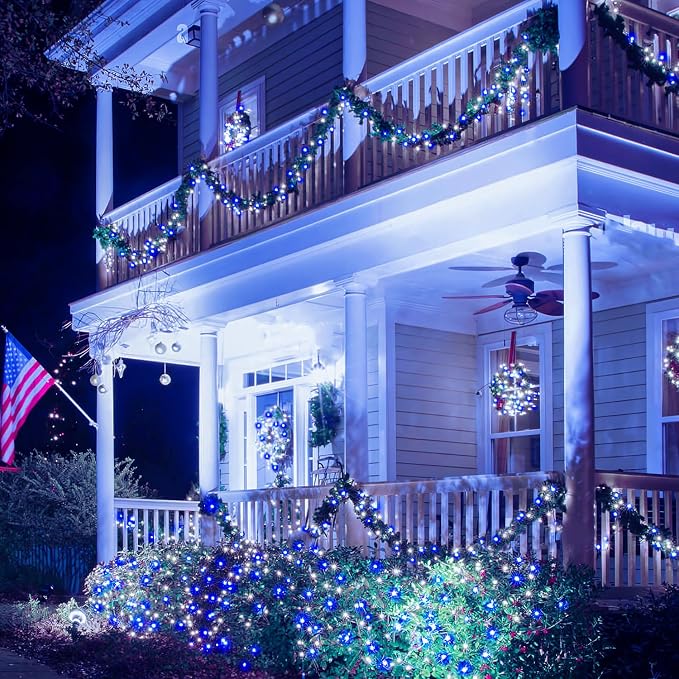 JMEXSUSS 2 Pack Solar Fairy Lights, Each 33FT 100 LED, Blue and White | Outdoor Waterproof, 8 Modes Copper Wire Solar String Lights for Outside Yard Patio Garden Christmas Decorations