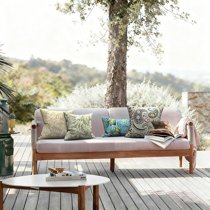 LVTXIII 2 Pack Outdoor Pillows 18x18 Inch, Square Throw Pillows with Inserts, Decorative Water-Repellent Pillow Cushions for Patio Furniture and Garden Sofa, Tropical Leaf Oat