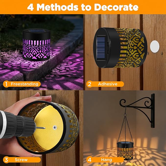 2 Pack Solar Fence Lights Outdoor, Metal Solar Powered Wall Deck Step Light | Mandala Theme, Hanging LED Waterproof Decorative Lighting for Garden Patio Backyard Post Decor, 7 Colors
