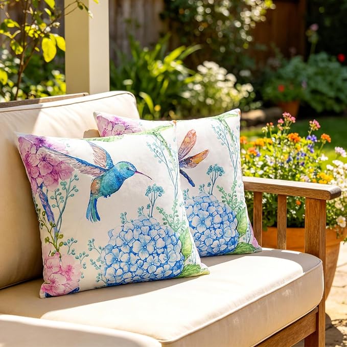 Merrycolor Outdoor Waterproof Throw Pillow Covers 18x18Inch Set of 4 Summer Flowers Accent Farmhouse Décor Hydrangeas Butterflies Birds Decorative Pillow Covers for Couch paito Garden Sofa Blue-Purple