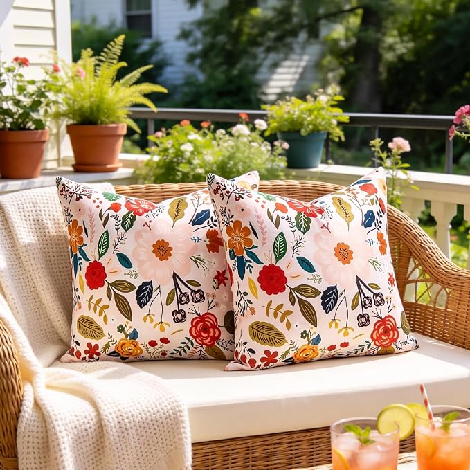 Outdoor Pillow Covers Waterproof Decorative Pink Pillow Covers Summer Floral Accent Square Couch Covers Garden Farmhouse Throw Cushion Cases 20x20 Inch Set of 2 for Patio Tent Balcony Bench Sofa