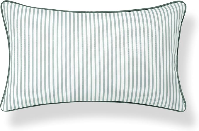 Hofdeco Premium Coastal Grandmillennial Patio Indoor Outdoor Lumbar Pillow Cover Only, 12"x20" Water Repellent for Backyard, Couch, Poolside, Celadon Green Print Stripes