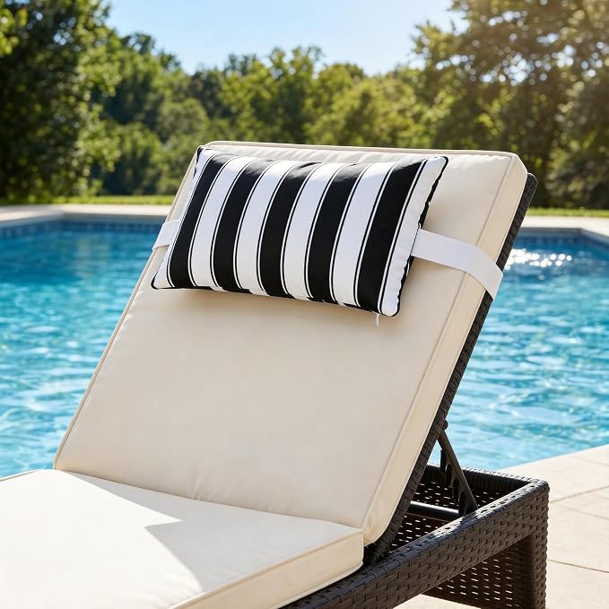 Outdoor Lounge Chair Headrest Pillow 16x11 Inch, Black Striped Waterproof Lumbar Pillows with Insert Adjustable Elastic Strap, Neck Attachment for Recliner Patio Beach Pool Office, 2 Pack