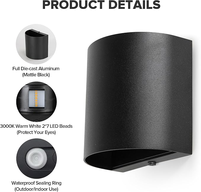 LUTEC 2-Pack LED Up & Down Adjustable Wall Lights,Anti-Rust Aluminium Modern Outdoor Indoor Wall Sconce, 10W, 400LM, 3000K Warm White Exterior Light, IP65 Waterproof for Porch, Patio, Garage-Black