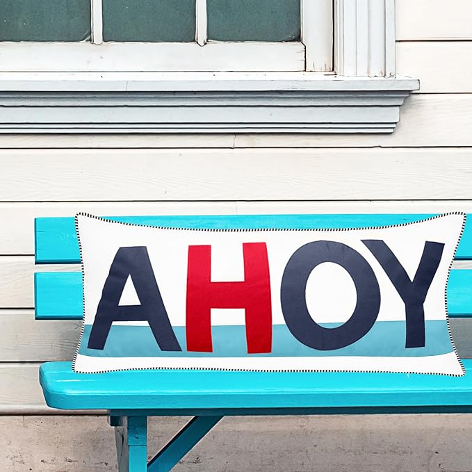 Edie At Home Bold Ahoy Nautical Decorative Throw Pillow for Patio Furniture, Sofa, Chair, or Bedroom, Reversible, Indoor and Outdoor Collection, 30 x 15 inches, Navy/White