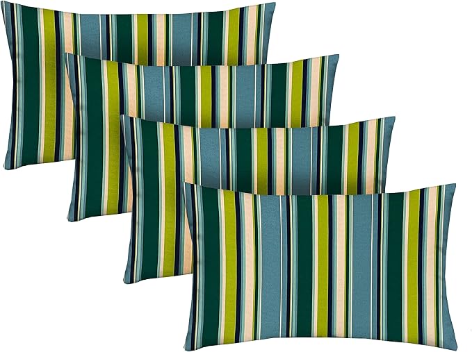 Lumbar Throw Pillows Set of 4 | 20" x 12" | All-Weather Spun Fabric | Water and Fade-Resistant | Outdoor Support Pillows for Patio Furniture | Covert Capri Blue Stripe