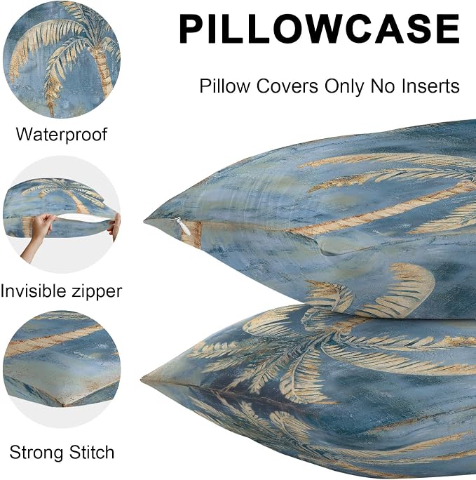 Coastal Beach Tree Blue Brown Outdoor Waterproof Pillow Covers, Vintage Summer Palm Tree Decorative Square Throw Pillowcase, Tropical Botanical Sofa Cushion Sham for Patio/Couch/Chair, 24"x24" 2 Pack