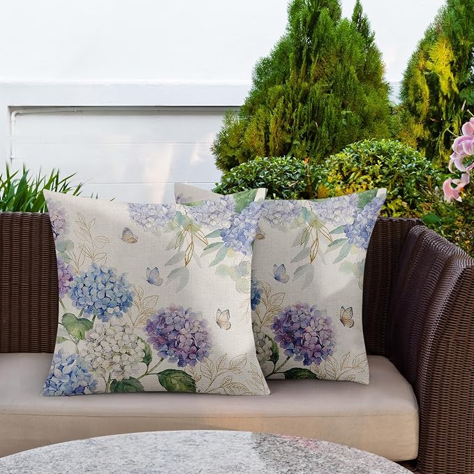 Throw Pillow Covers, Hydrangea, Waterproof, Set of 2, 18 x 18 Inch | Butterfly Outdoor Cottagecore Pillowcase Square Cushion Case Farmhouse Garden Decorative Pillows for Couch Beach Patio