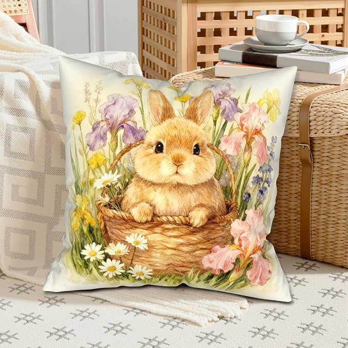 Easter Pillow Covers Lovely Flowers Bunny Throw Pillow Covers 20x20 Watercolor Rabbit with Iris Daisy Floral Pillow Cases Easter Decorations for Home Outdoor Spring Decor 2 Pack