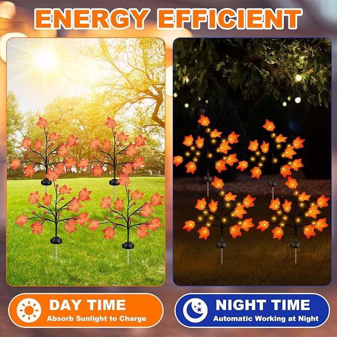 Rossesay 4 Pack Outdoor Fall Solar Lights Decorations Thanksgiving Waterproof Orange Maple Leaf Lights, Autumn Artificial Tree for Halloween Christmas Party Yard Garden Decor, 10 LED 8 Modes