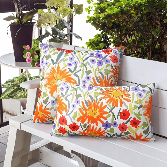 Adabana Outdoor Waterproof Floral Pillow Covers 12x20 Inch | Colorful Outdoor Pillow Covers Summer Decirative for Patio Furniture Porch Garden Pillows