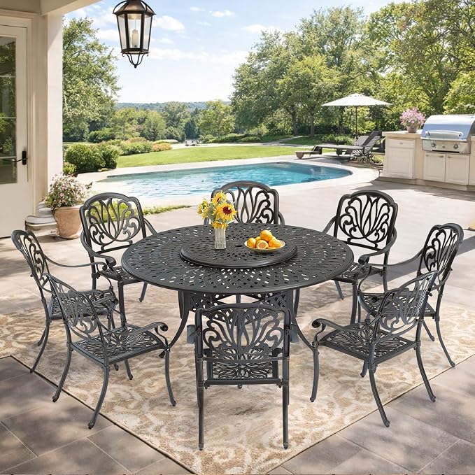 VIVIJASON 9-Piece Patio Furniture Dining Set, Rust-Free Cast Aluminum Outdoor Conversation Set, Include 8 Chairs & 61" Round Dining Table with 31" Lazy Susan, Umbrella Hole for Lawn Garden