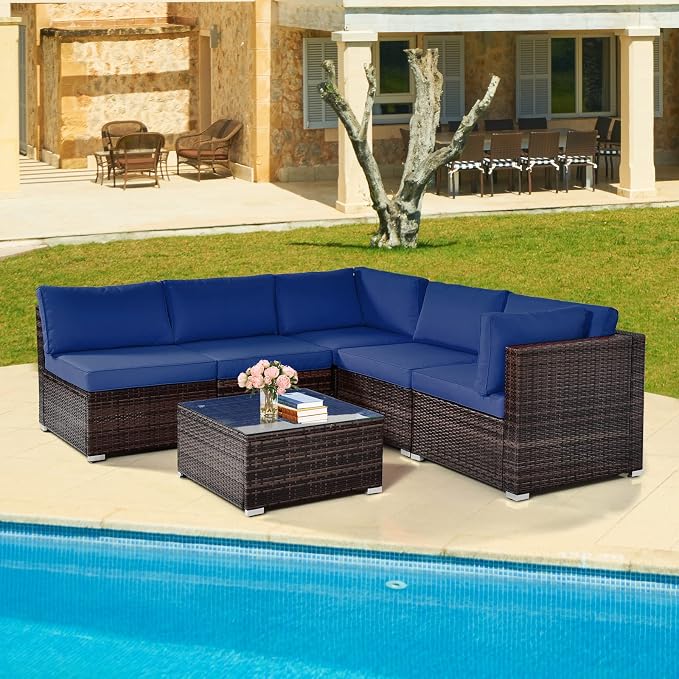 HAPPYGRILL 6 Pieces Outdoor Patio Furniture Set, PE Rattan Conversation Set with Tempered Glass Coffee Table and Cozy Cushions, Weather Resistant Sectional Sofa Set, Navy Blue