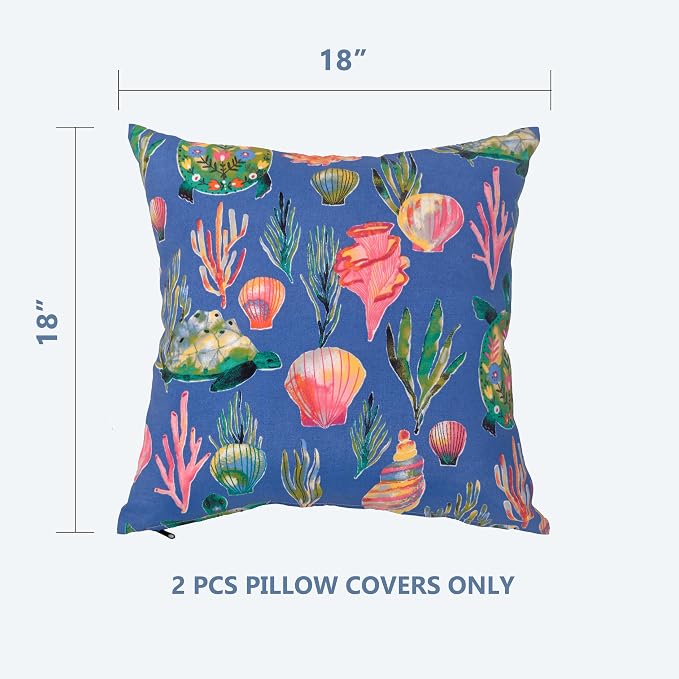 Outdoor Pillow Covers 18x18 Set of 2 Deepsea Blue Reef Print, Waterproof & UV Resistant Polyester for Patio, Couch, Porch, Spring & Summer Ocean Decor