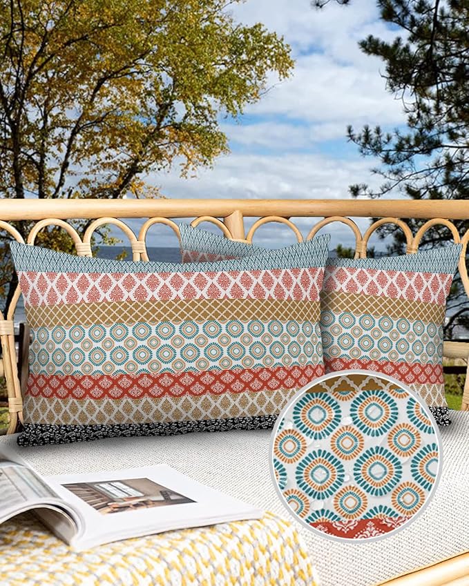 Boho Outdoor Pillow Covers Waterproof, Colorful Striped Ethnic Modern Geometric Abstract Art All Weather Cushion Case Set of 2, Lumbar Pillowcase for Sofa Couch Bed Decor Patio Furniture 20"x12"