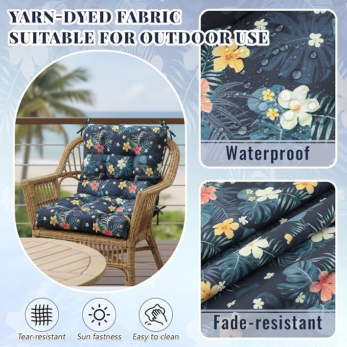 Marsui 4 Pcs Outdoor Indoor High Back Chair Cushions Patio Furniture Tufted Pillow with Ties Water-Resistant Replacement Outdoor Rocking Chair Cushions, 42 x 21 Inches (Dark Color,Plants)