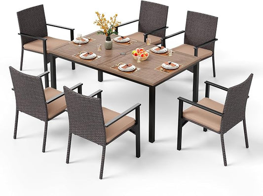 PHI VILLA 7 Piece Patio Dining Set, 64” Wood-Like Table, Rattan Chairs | Outdoor Dining Set for 6, Rectangular Table with Umbrella Hole, Wicker Chairs with Cushions for Patio, Deck, Porch