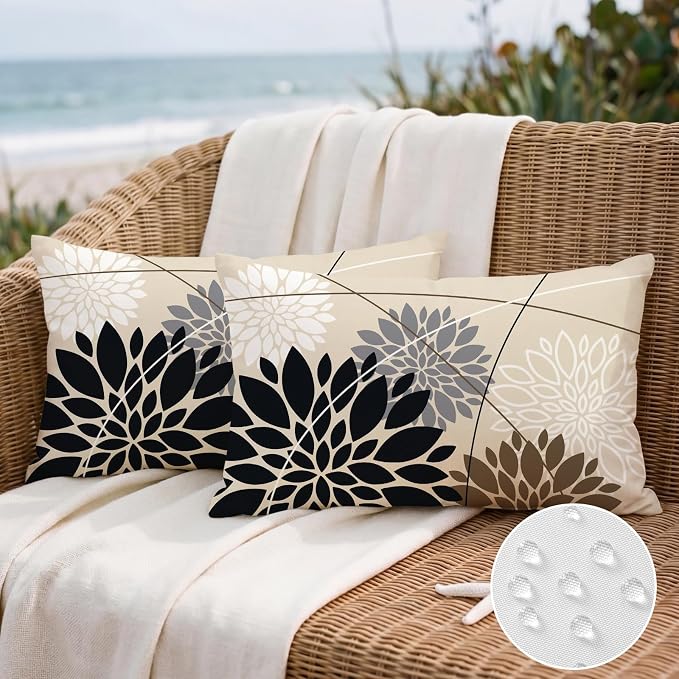 OTOSTAR Outdoor Black Gray Pillow Covers 12x20 Inch Set of 2 White Flower Throw Pillows Farmhouse Geometric Dahlia Floral Lumbar Cushion Case Waterproof Decor for Sofa Patio Funiture Garden