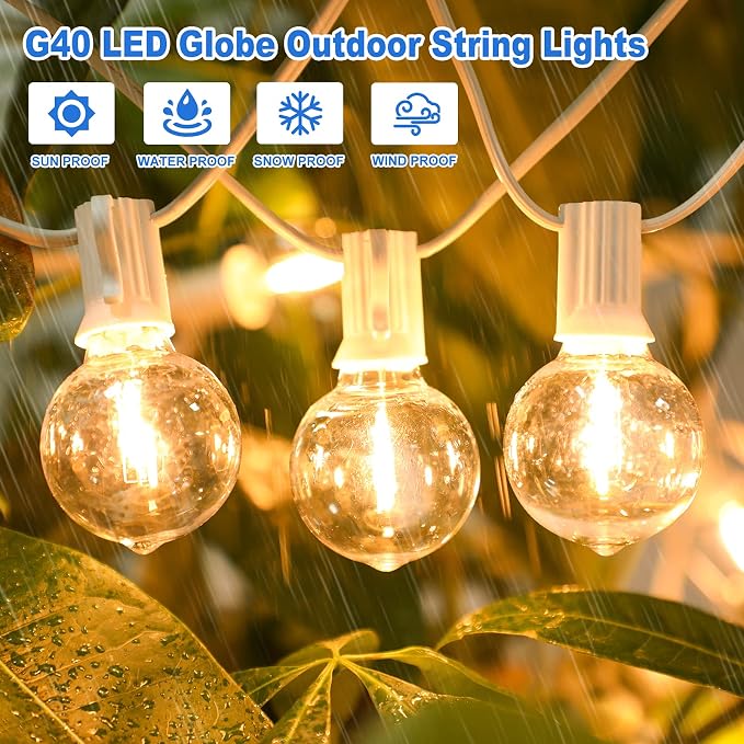 Bosceos Outdoor G40 LED Globe String Lights Waterproof 50FT, White Wire | Dimmable Shatterproof Patio Lights with 25+2 Bulbs Connectable Commercial Hanging Light for Patio Balcony Backyard Party