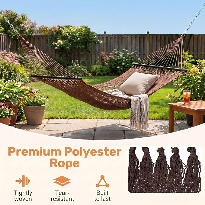 Happygrill 10.5FT Caribbean Double Hammock, Outdoor Portable Hammock with Spreader Bar, Soft-Spun Polyester Rope, 2 Person Hammocks for Outside, Camping & Patio, Max 600 lbs Capacity (Brown)