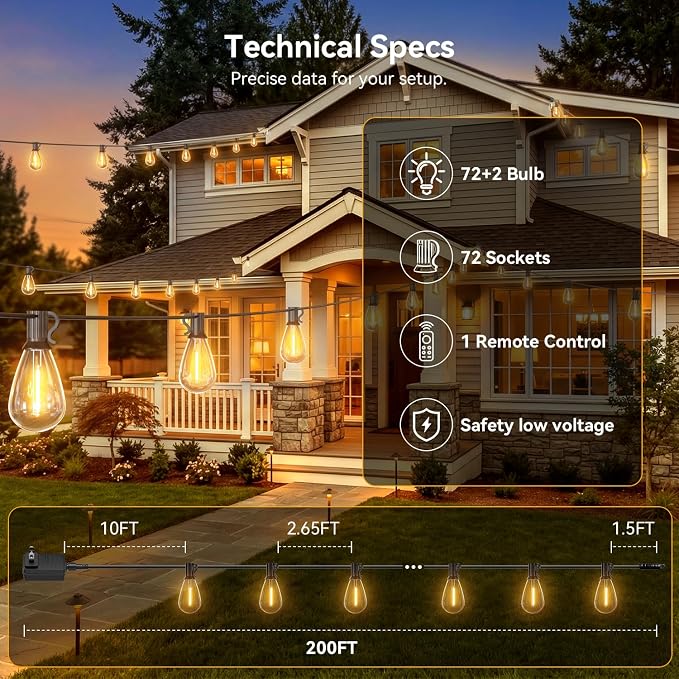 200FT Outdoor String Lights with Remote, Waterproof Patio Lights with 72+2 Shatterproof LED Bulbs,Dimmable Hanging Decor for Backyard Garden Porch Bistro, Timer & 3 Modes,2700K Warm White