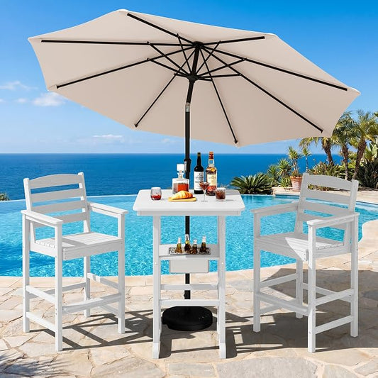 SERWALL Adirondack Bar Chairs and Table 3 Pieces Set with Umbrella, HDPE Bar Height Chairs Set of 2 and Bar Table with Ice Bucket, Outdoor Bar Stools Set for Balcony, Poolside, Backyard, White